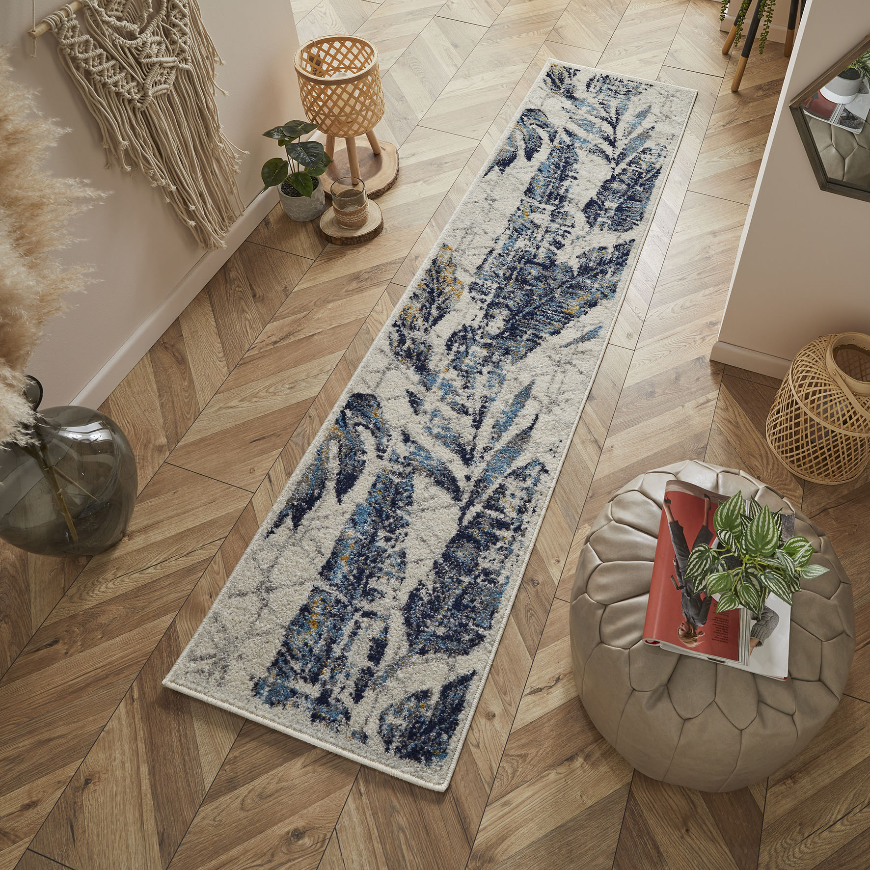 Gilbert 3 W Distressed Leaf Runner Rugs In Blue Grey Cream